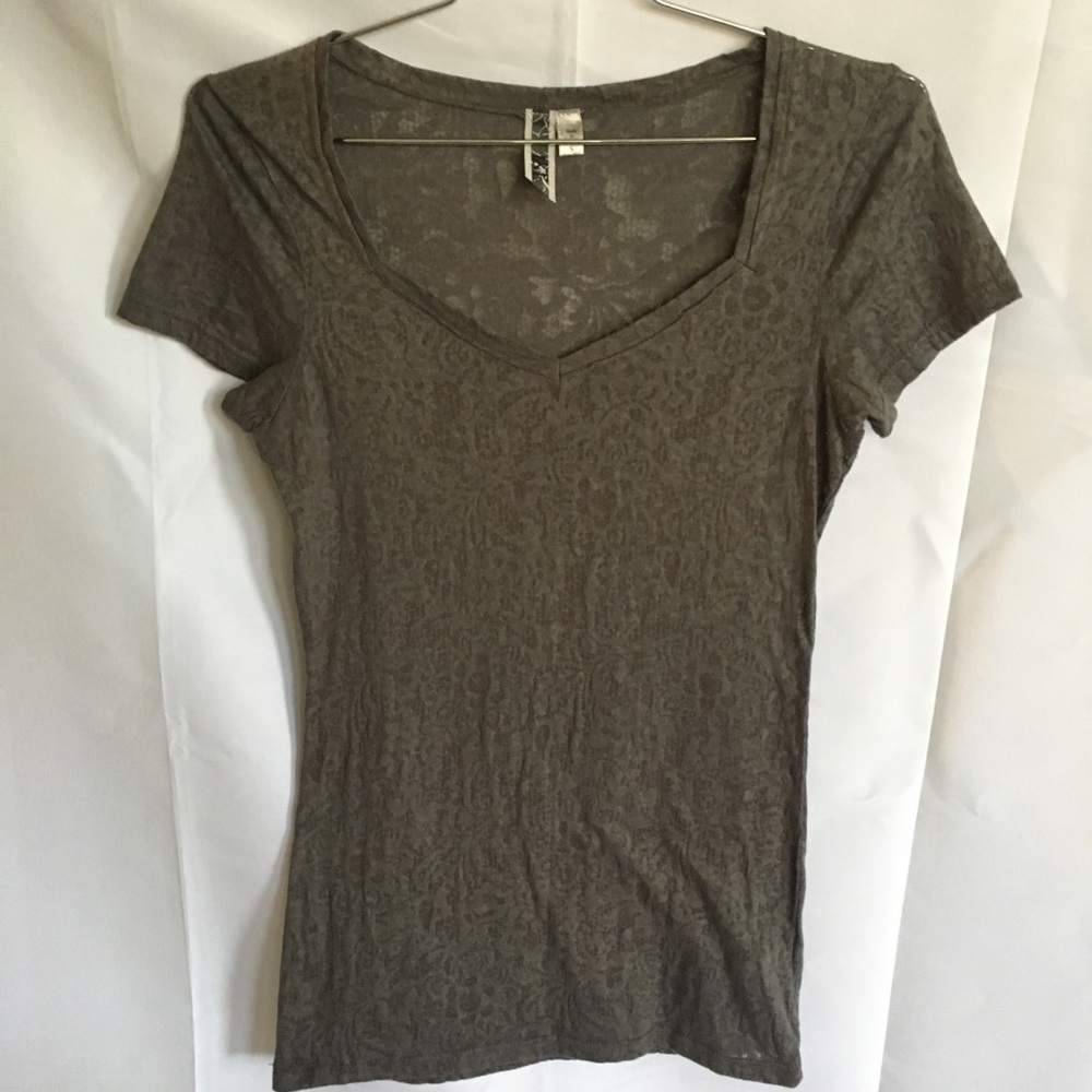 BKE dark gray floral sheer design v-neck top
